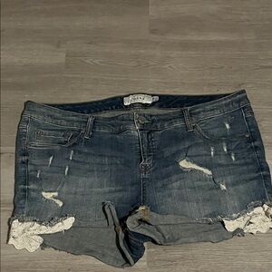 Torrid Blue Distressed Denim Shorts with Lace Trim